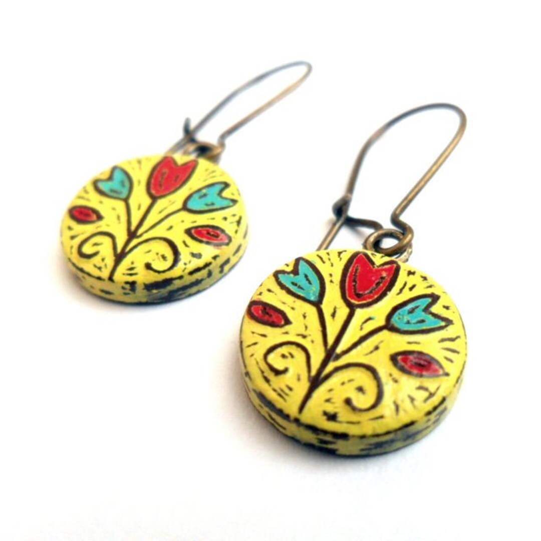 Yellow, Red and Blue Tulip Flower Dangle Earrings Etsy