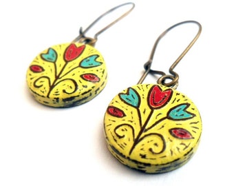 Yellow, Red and Blue Tulip Flower Dangle Earrings