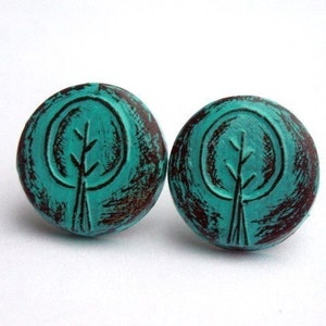 Turquoise Retro Tree Stud Earrings, Rustic Tree Post Earrings, Tree Button Earrings, Woodland Jewelry, Teen Gift, Gift for Her, Wife Gift image 4