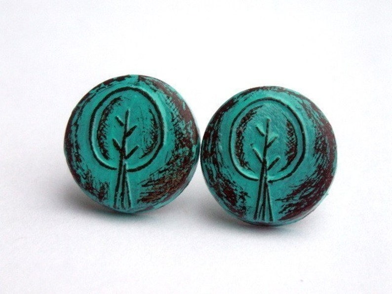 Turquoise Retro Tree Stud Earrings, Rustic Tree Post Earrings, Tree Button Earrings, Woodland Jewelry, Teen Gift, Gift for Her, Wife Gift image 4