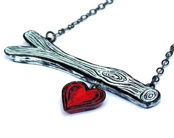 Black and White Tree Branch Necklace, Red Heart Charm, Valentine's Day Jewelry, Gift for Girlfriend, Anniversary Gift, Teen Girl Gift