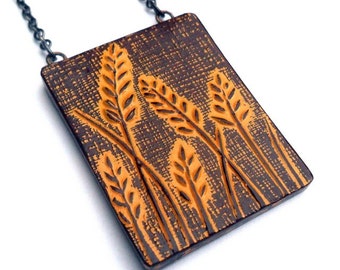 Handmade Mustard Yellow Wheat Pendant Necklace: Botanical Polymer Clay