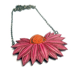 Pink Coneflower Necklace, Pink and Orange Flower Jewelry, Echinacea Flower Necklace, Garden Lover Gift, Herb Necklace, Botanical Pendant image 2