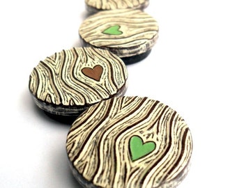 Brown and Cream Woodgrain Faux Bois Heart  with Green and Brown Hearts Magnet Set - Wood You Love Me