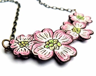 Pink Dogwood Flower Necklace, Flower Bib Necklace, Dogwood Jewelry, Pink Flower Pendant, Wife Gift, Gift for Mom, Gift for Daughter