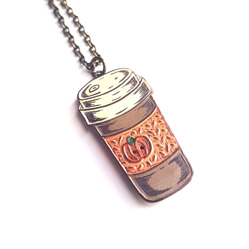 Pumpkin Spice Coffee Necklace, Coffee Travel Mug Pendant, Coffee Cup Necklace, Knit Coffee Cozy, Necklace for Coffee Lover, Fall Jewelry image 3