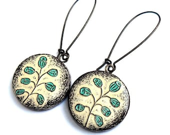 Botanical Pod Dangle Earrings, Turquoise and Cream, Rustic Jewelry