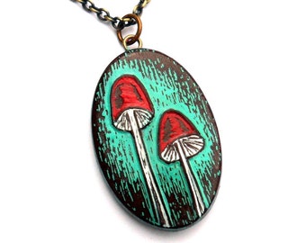 Rustic Woodland Mushroom Necklace, Turquoise and Red Mushroom Pendant, Toadstool Necklace, Mushroom Gift, Gift for Her, Girlfriend Gift