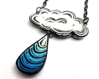 White Cloud Necklace, White Cloud with Blue Raindrop Necklace, Cloud Jewelry, Blue Raindrop Dangle Necklace, Storm Necklace, Rain Necklace