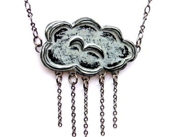 Metallic Silver Raincloud Necklace, Cloud Jewelry, Rain Necklace, Cloud Pendant, Storm Pendant, Weather Jewelry, Gift for Her