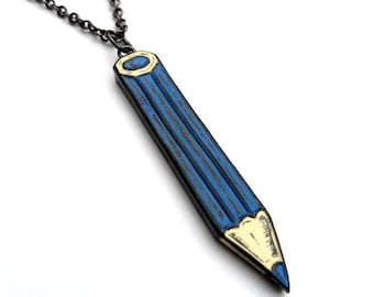 Blue Pencil Necklace: Hand Carved Polymer Clay Pendant