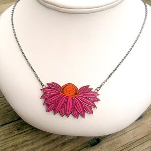 Pink Coneflower Necklace, Pink and Orange Flower Jewelry, Echinacea Flower Necklace, Garden Lover Gift, Herb Necklace, Botanical Pendant image 3