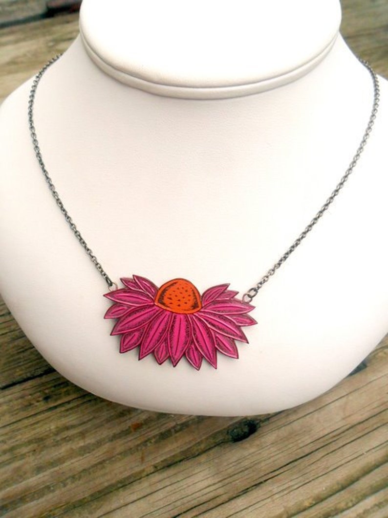 Pink Coneflower Necklace, Pink and Orange Flower Jewelry, Echinacea Flower Necklace, Garden Lover Gift, Herb Necklace, Botanical Pendant image 3