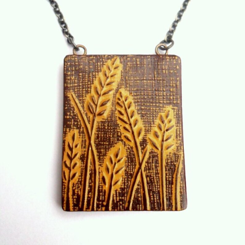 Mustard Yellow Wheat Necklace, Botanical Necklace, Rustic Wheat Plant Pendant, Meadow Pendant, Gift for Mom, Wife Gift, Girlfriend Gift image 2