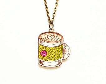 Coffee Necklace, Coffee Mug Necklace, Coffee Cup Necklace, Knit Cozy, Coffee Lover Gift, Gift for Knitter, Coffee Jewelry, Latte Necklace