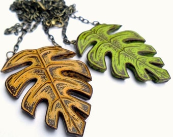 Tropical Leaf Necklace, Palm Leaf Necklace, Jungle Leaf Pendant, Lime Green or Mustard Yellow Necklace, Statement Necklace, Vacation Jewelry