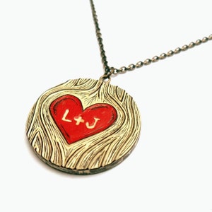 Custom Personalized Necklace, Custom Hand Stamped Necklace, Couple Initials Necklace, Woodgrain Red Heart, Bride Gift, Anniversary Gift