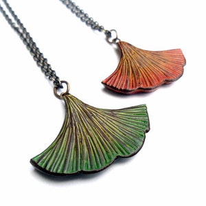 Green Ginkgo Leaf Necklace, Orange Ginkgo Leaf  Pendant, Rustic Leaf Jewelry, Gift for Her, Wife Gift, Nature Lover Gift,  Girlfriend Gift