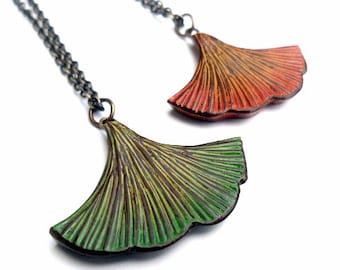Green Ginkgo Leaf Necklace, Orange Ginkgo Leaf  Pendant, Rustic Leaf Jewelry, Gift for Her, Wife Gift, Nature Lover Gift,  Girlfriend Gift