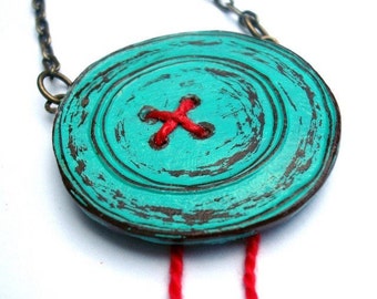 Big Turquoise Button Necklace with Red Thread, Rustic Button Necklace, Seamstress Gift, Button Collector Gift, Gift for Crafter, Mom Gift