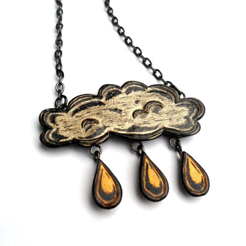 Rain Cloud Necklace Raindrop Necklace Metallic Gold and Etsy