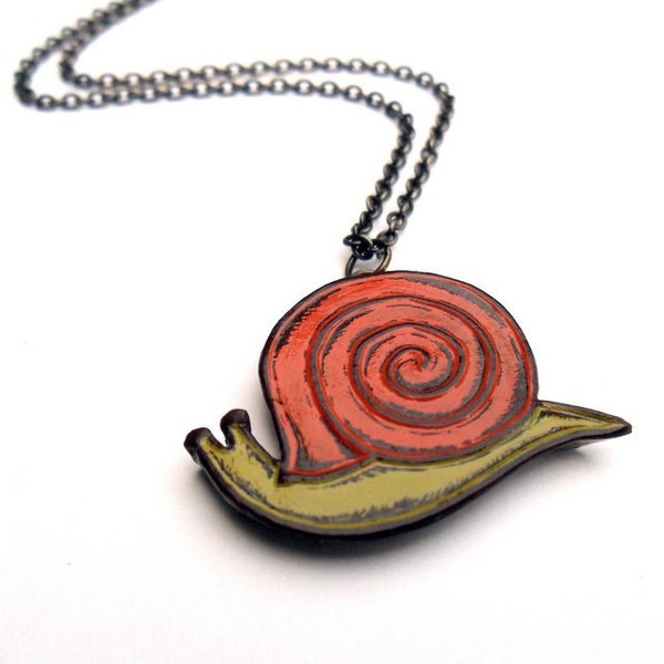 Snail Necklace, Retro Orange and Green Snail, Woodland Animal Jewelry, Cute Animal Necklace, Teen Gift, Birthday Gift, Gift for Her