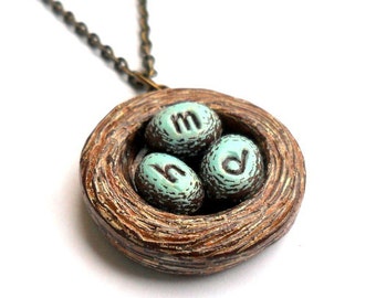 Personalized Bird Nest Necklace, Bird Nest and Blue Eggs Necklace, Personalized Mothers Necklace, Childrens Initials Necklace, Gift for Mom