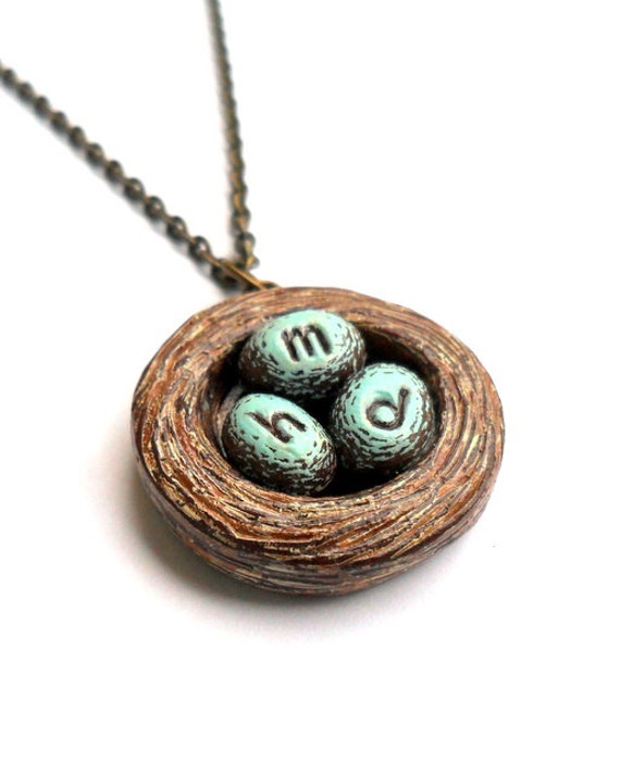 Personalized Bird Nest Necklace: Initial Eggs, Gift for Mom