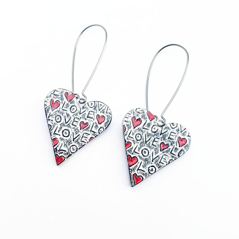 Pendientes colgantes de corazón de amor, joyas de corazón rojo, pendientes de corazón angustiados, regalo de aniversario, regalo de esposa, regalo de novia, pendientes de amor imagen 2