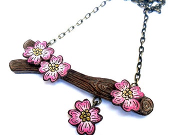 Pink Dogwood Necklace, Tree Branch Necklace, Dogwood Flower Necklace, Garden Wedding, Rustic Wedding Necklace, Spring Jewelry, Gift for Her