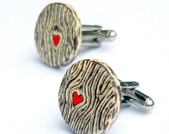 Woodgrain Cufflinks, Wood You Love Me Cuff links, Faux Bois Cufflinks with Red Heart, Groom Gift, Valentine's Day Gift, Husband Gift