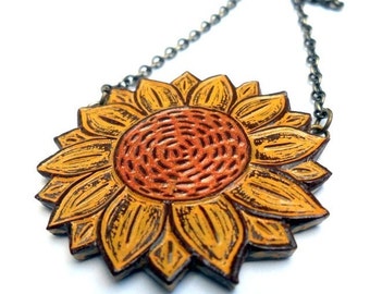 Rustic Sunflower Necklace, You Are My Sunshine, Mustard Yellow and Metallic Copper