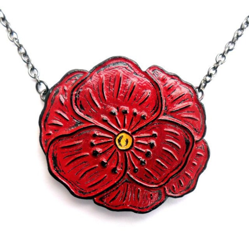 Red Poppy Necklace Red Flower Necklace Floral Jewelry Etsy