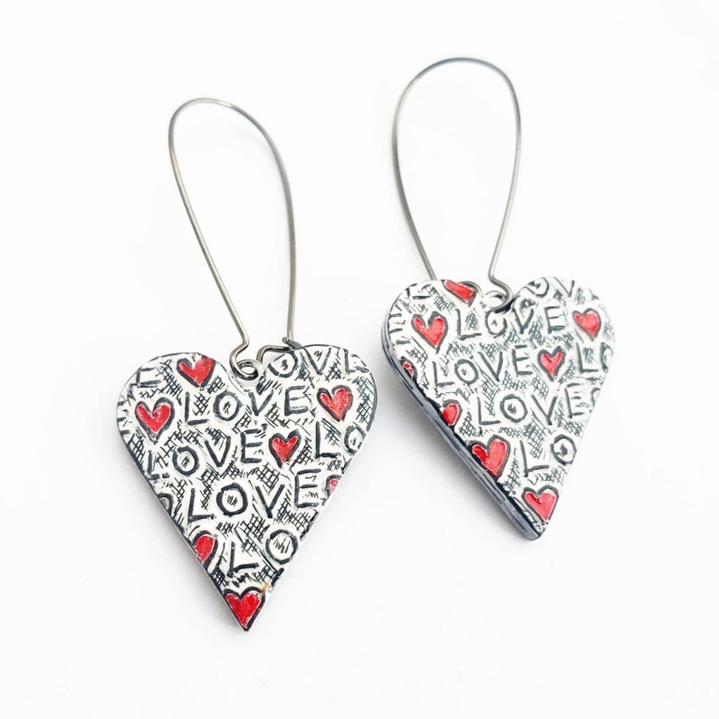 Love Heart Dangle Earrings, Red Heart Jewelry, Distressed Heart Earrings, Anniversary Gift, Wife Gift, Girlfriend Gift, Love Earrings image 3