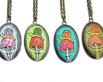 Snail on a Mushroom Necklace, Mushroom Pendant, Toadstool Necklace, Snail Necklace, Birthday Gift, Gift for Her, Girlfriend Gift,