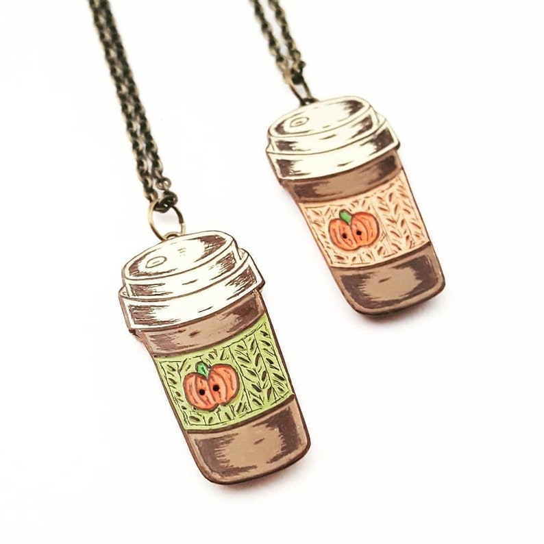 Pumpkin Spice Coffee Necklace, Coffee Travel Mug Pendant, Coffee Cup Necklace, Knit Coffee Cozy, Necklace for Coffee Lover, Fall Jewelry image 1