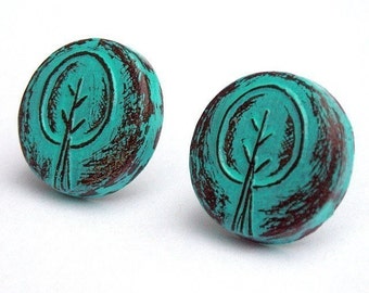 Turquoise Retro Tree Stud Earrings, Rustic Tree Post Earrings, Tree Button Earrings, Woodland Jewelry, Teen Gift, Gift for Her, Wife Gift