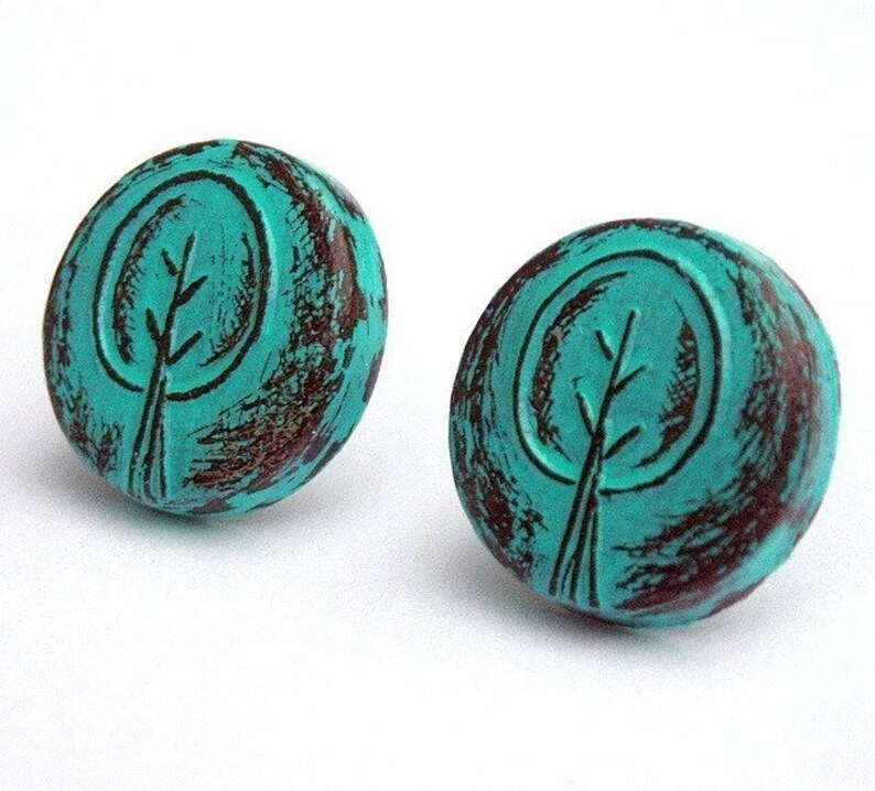 Turquoise Retro Tree Stud Earrings, Rustic Tree Post Earrings, Tree Button Earrings, Woodland Jewelry, Teen Gift, Gift for Her, Wife Gift image 1