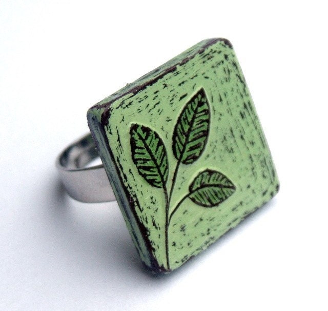 Mint Green Leaf Ring Rustic Botanical Ring Adjustable Ring Etsy