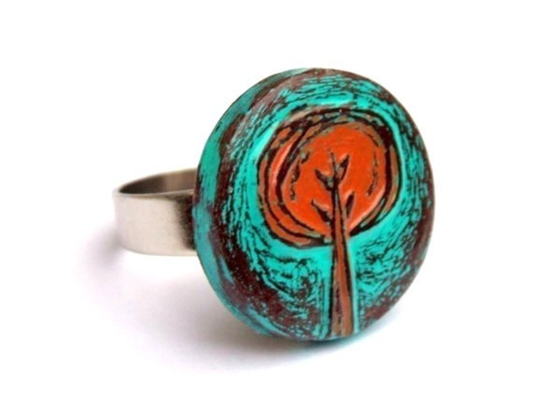 Turquoise and Rust Red Tree Ring, Retro Tree Ring, Tree Hugger Gift