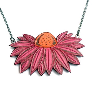 Pink Coneflower Necklace, Pink and Orange Flower Jewelry, Echinacea Flower Necklace, Garden Lover Gift, Herb Necklace, Botanical Pendant image 1