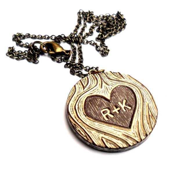 Personalized Woodgrain Heart Necklace, Carved Initials, Anniversary Gift