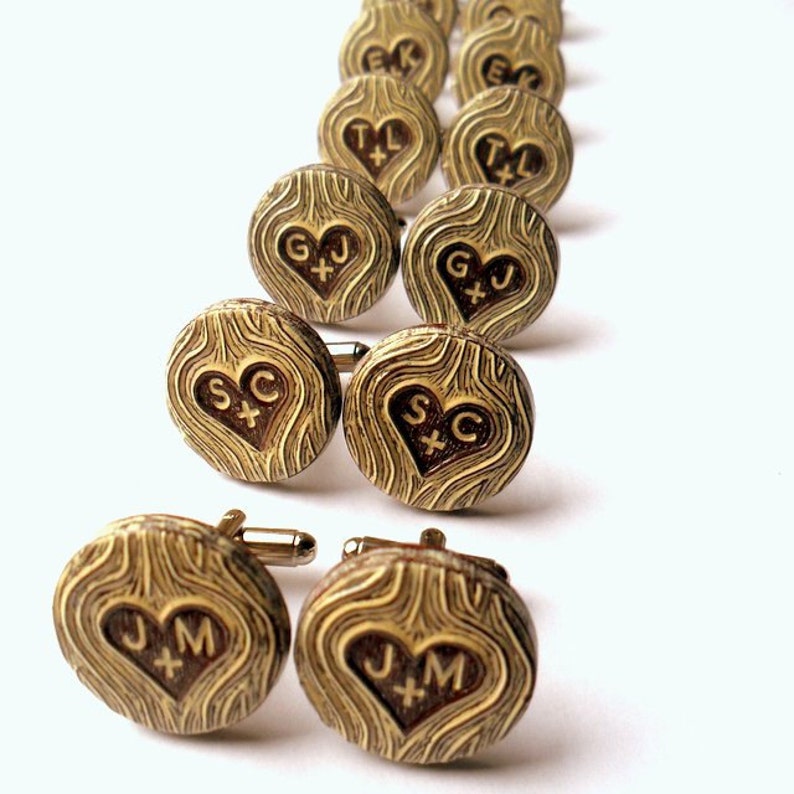 Personalized Cufflinks, Carved Initials Cufflinks, Wood Grain Cuff links, Woodland Wedding Cufflinks, Groom Gift, 5 Year Anniversary Gift image 4