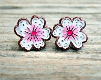 White and Pink japanese Cherry Blossom Sakura Flower Stud Earrings