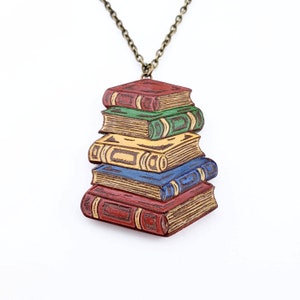 Pile of Books Necklace. Book Necklace. Bibliophile Gift. Gift for Book Lover. Gift for Book Worm. Gift for Graduate. Gift for Teacher Metallic Gold