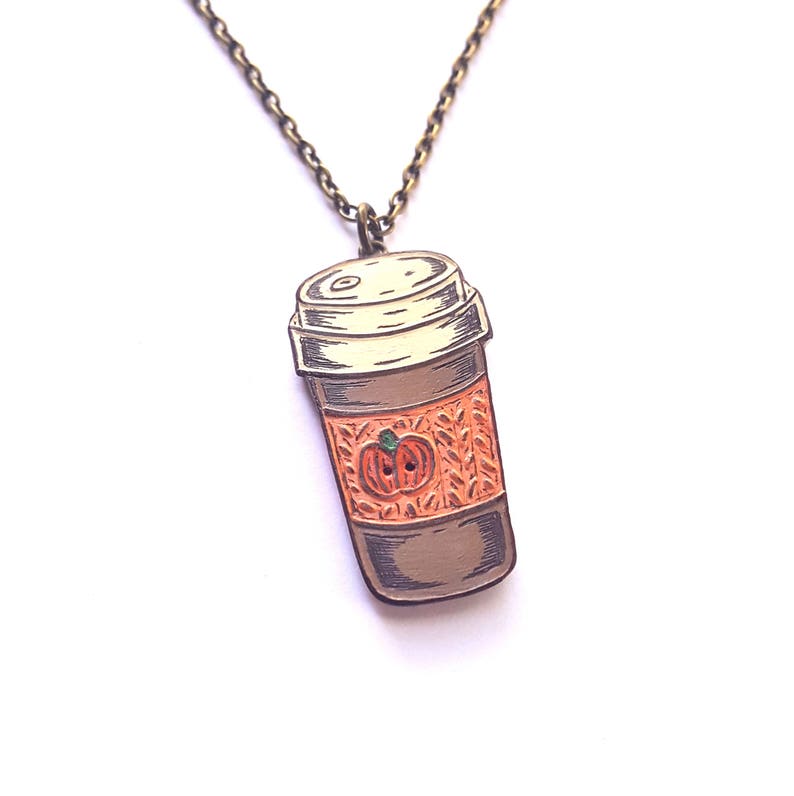 Pumpkin Spice Coffee Necklace, Coffee Travel Mug Pendant, Coffee Cup Necklace, Knit Coffee Cozy, Necklace for Coffee Lover, Fall Jewelry image 2