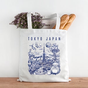 Tokyo Japan Tote Bag, Iconic Attractions Of City Tokyo Tote Bag, Travel Groceries Bag, 100% Cotton Eco Friendly Tote Bag
