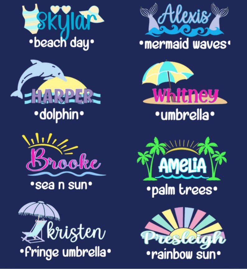 Puede incluir: Un dise&ntilde;o gr&aacute;fico azul marino con ocho nombres y ilustraciones con tem&aacute;tica playera. Cada nombre va acompa&ntilde;ado de una frase relacionada, como "d&iacute;a de playa", "olas de sirena" y "palmeras". Los dise&ntilde;os incluyen un traje de ba&ntilde;o, colas de sirena, un delf&iacute;n y un paraguas.