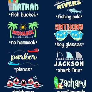 Puede incluir: Dise&ntilde;o gr&aacute;fico azul marino con ilustraciones y texto con tem&aacute;tica de verano. Los dise&ntilde;os incluyen un cubo de pescado, ca&ntilde;a de pescar, gafas de sol, aletas de tibur&oacute;n, una tabla de surf y aviones. Cada dise&ntilde;o incluye un nombre y una palabra relacionada.