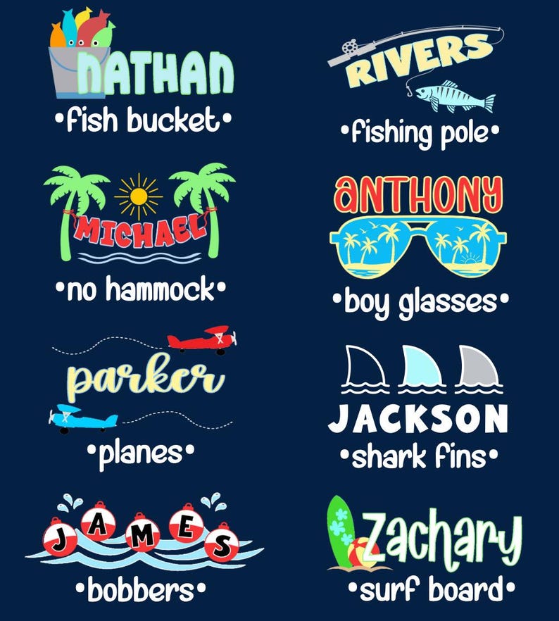 Puede incluir: Dise&ntilde;o gr&aacute;fico azul marino con ilustraciones y texto con tem&aacute;tica de verano. Los dise&ntilde;os incluyen un cubo de pescado, ca&ntilde;a de pescar, gafas de sol, aletas de tibur&oacute;n, una tabla de surf y aviones. Cada dise&ntilde;o incluye un nombre y una palabra relacionada.